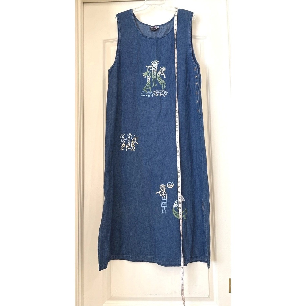 Vintage Fads Denim Maxi Dress Kokopelli Flute Player Blue Cotton Large RN 84789 - Picture 3 of 10
